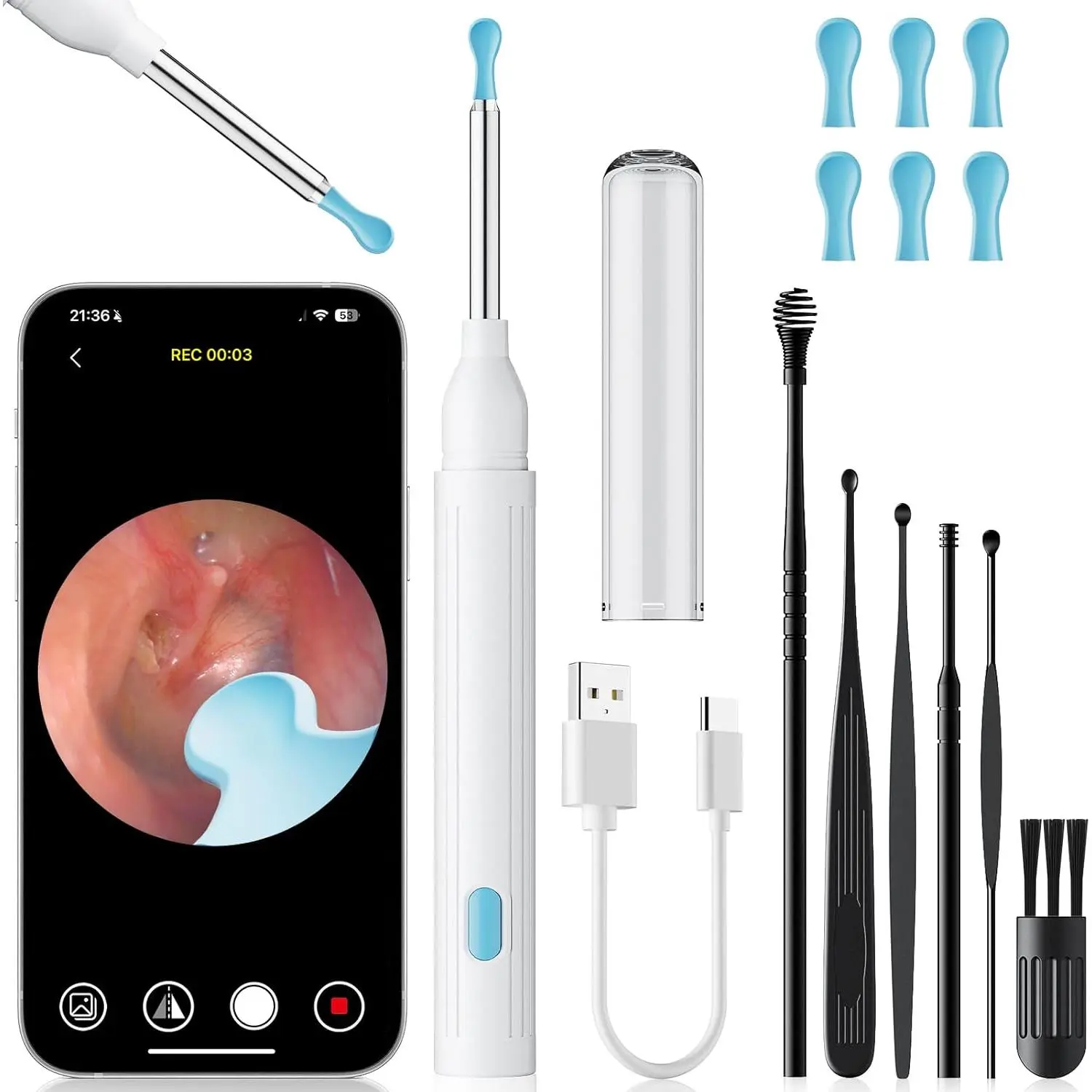 Ear Wax Removal Tool with Camera - 1296P HD Ear Cleaner Otoscope with 6 LED Lights, Wireless Earwax Remover Kit with 8 Pcs Ear Picks, WiFi Ear Scope Cleaning Kit for iPhone (White)