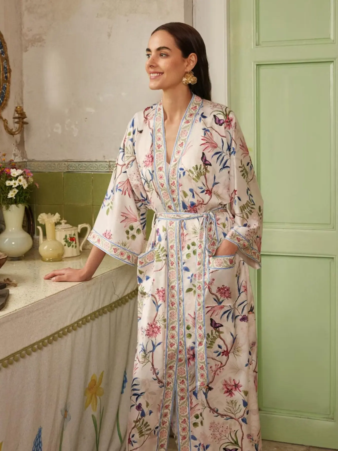 Bohemian Floral Kimono Coat, Long Sleeve Loose Fit, All Seasons, Elegant Casual Outerwear, Beach Travel Wrap, Home Robe, Belted Design