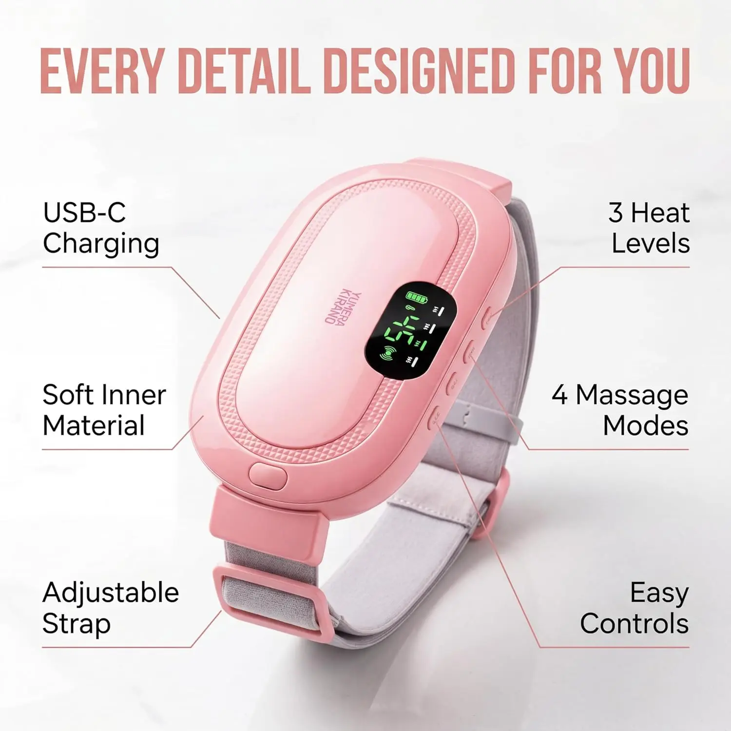 Portable Heating Pad for Cramps & Back Pain Relief, Wearable Massaging Belt for Abdomen with 3 Heat & 4 Vibration Modes, 1800mAh Battery, FSA-HSA Eligible, Back/Abdomen, Skin-Friendly, Massage, Buttons, Stress Relief, Usb-C Charge, Wear On Body, Rechargea