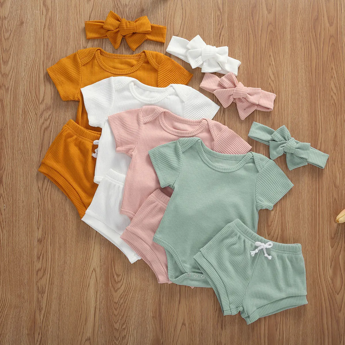 Baby Girl 3-Piece Outfit Sets, 0-24m 36-42 cm Short Sleeve Solid Ribbed Onesie + Bloomer Shorts + Headband, Summer Newborn Infant Clothing Gift Set