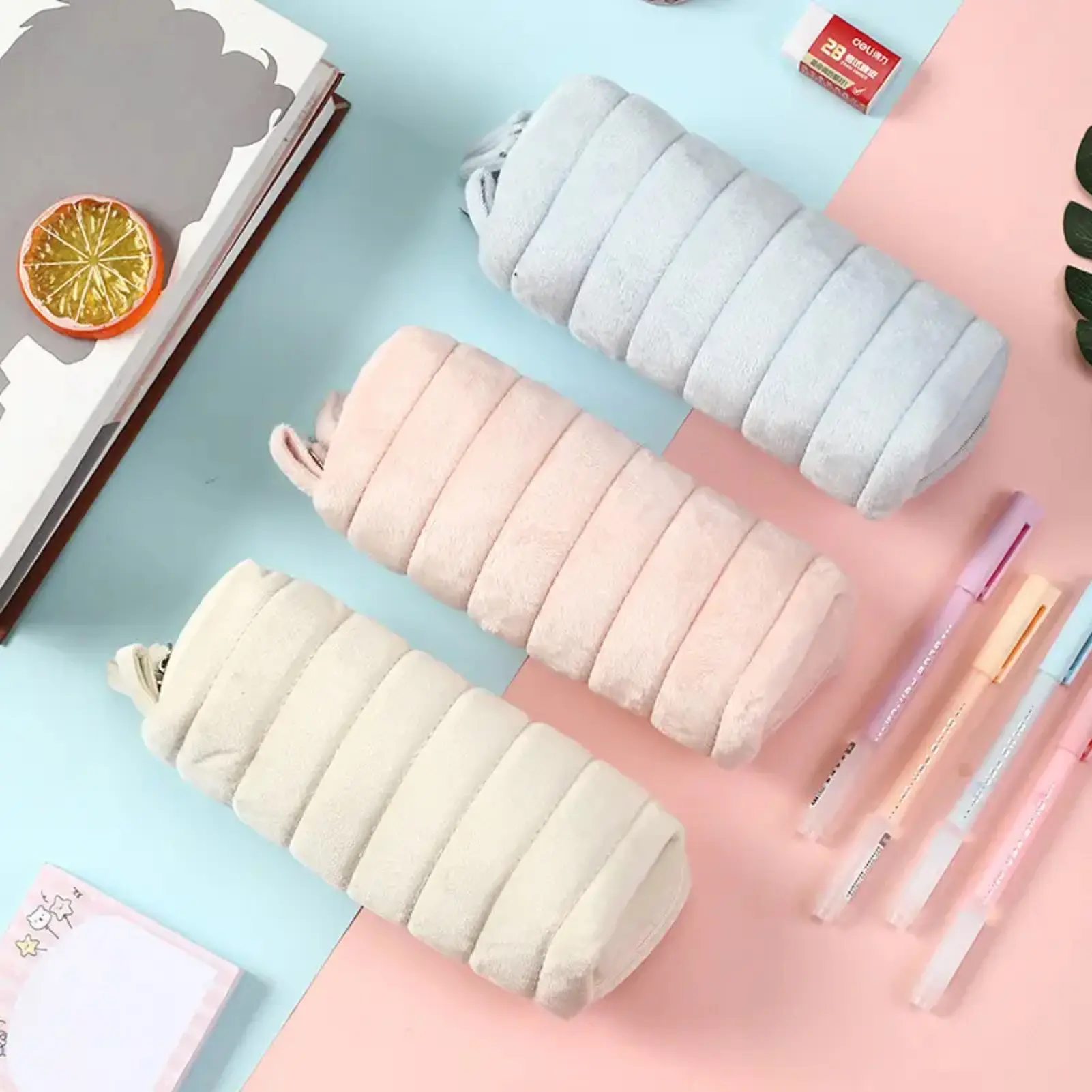 Macaron Color Plush Pencil Case & Makeup Storage Pouch – Soft Fluffy Quilted Zipper Bag for Pens, Lipstick & Earrings, Aesthetic Pastel Organizer for School, Travel & Daily Use