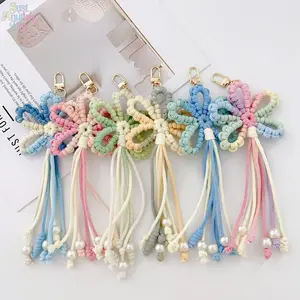 2Pcs Hand-Woven Flower Tassel Bag Charms, Pastel Floral Macrame Keychain with Imitation Pearls, Boho & Cottagecore Style Decorative Accessories for Bags, Keys & Cars