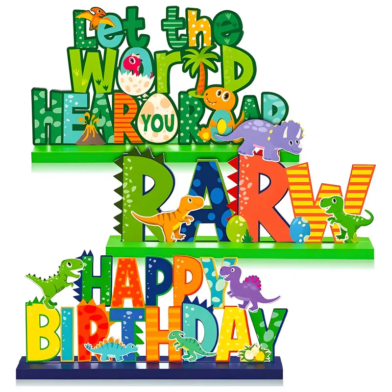 3Pcs Dinosaur Birthday Table Centerpieces, Let The World Hear You Rawr Happy Birthday Wooden Table Signs, Colorful Dino Themed Party Tabletop Decorations for Kids Boys Jurassic Dinosaur Birthday Party Supplies