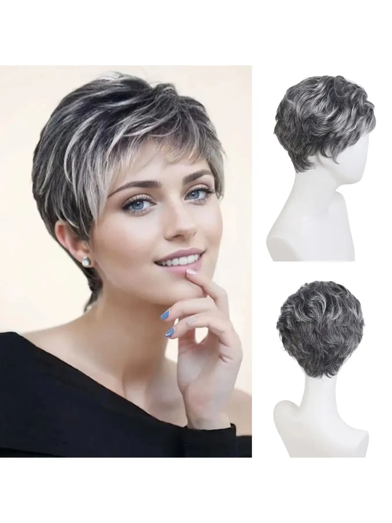 Short Pixie Cut Wig with Bangs Gray Curly Wigs for Women Synthetic Hair Old Lady Costume Female Mother Wig Gift Daily Wear