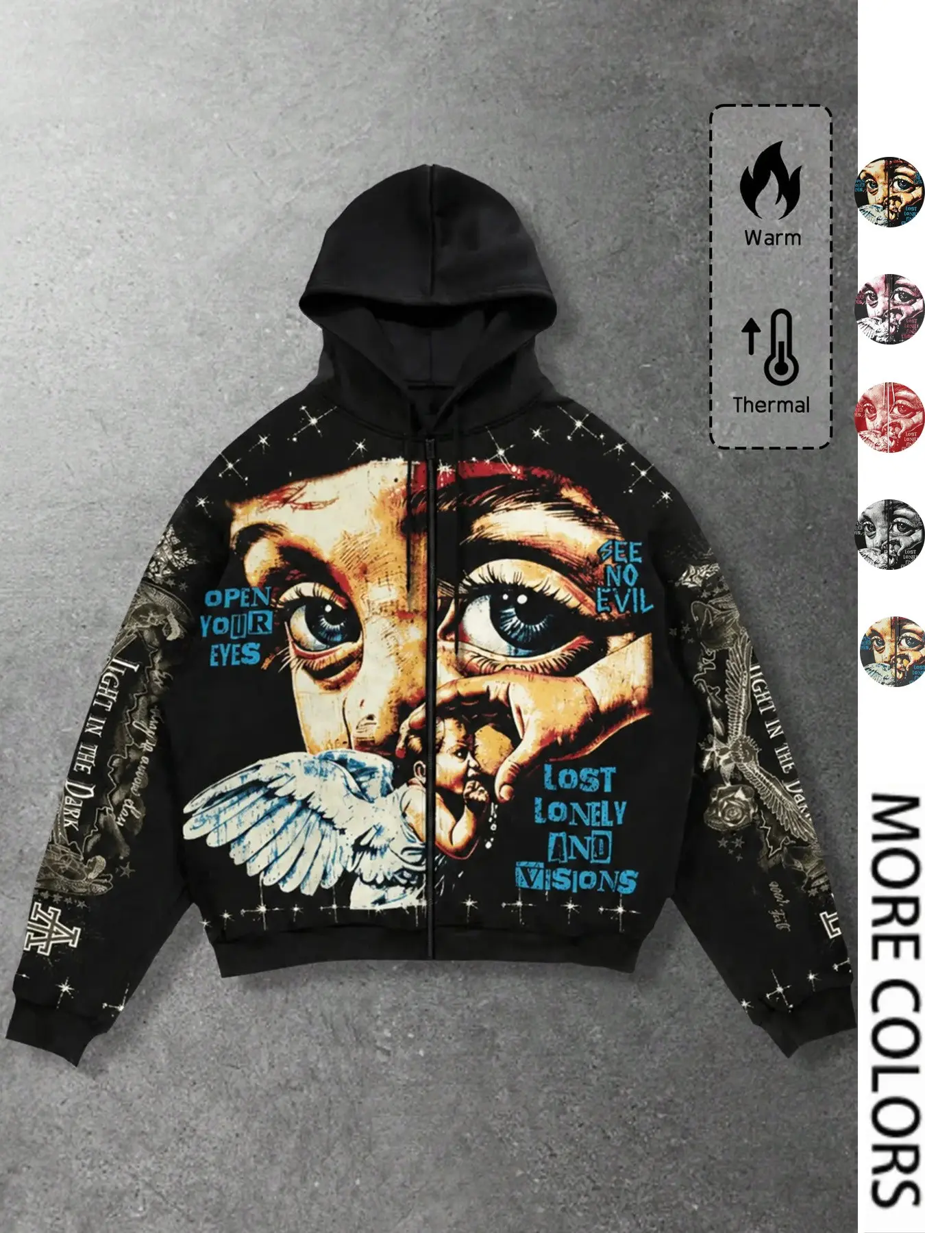 Men's Angel and Eye Graphic Zip Up Hoodie, Letter Print Oversized Long Sleeve Streetwear Jacket in Multiple Colors for Fall and Winter#MensHoodie #AngelGraphic #EyeGraphic #ZipUpHoodie #LetterPrint #GraphicHoodie#OversizedHoodie #LongSleeveHoodie