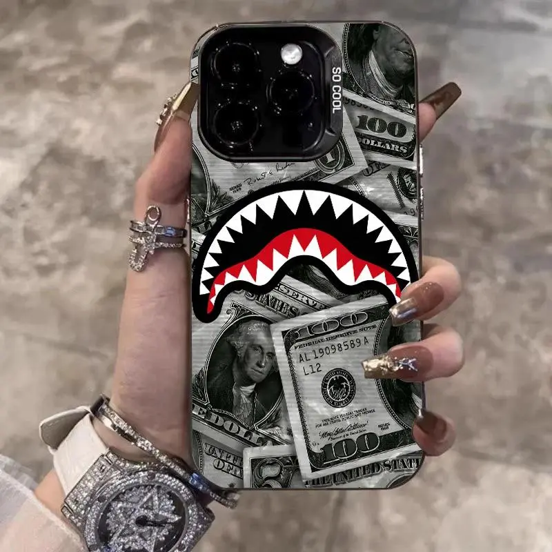 Bargain Street Trendy Cool Dollar Shark Electroplate Silver Phone Case For iPhone 17 Pro Max 11 12 13 14 15 16 Plus Air 16E XS XR Cover