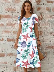 Ocean Shell Starfish Print Dress for Women, Round Neck Short Sleeve Loose A-Line Dress, Front Dual Pockets, Vacation Casual Dress