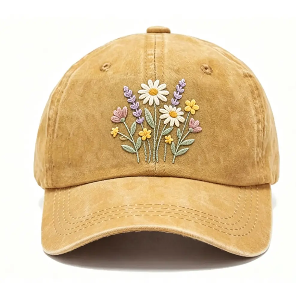 Wild Daisy Lavender Mixed Wildflower Bouquet Embroidery Vintage Washed Mustard Cotton Dad Hat, Cottagecore Floral Casual Baseball Cap, Best Gift For Nature Flower Lover Spring Streetwear Hat