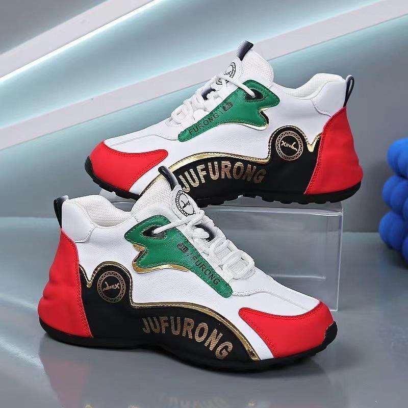 Unisex Couple Style Height-Increasing Shoes Genuine Leather Round Toe Laces Closure Breathable Soft Sole All Seasons Casual Sneakers Black