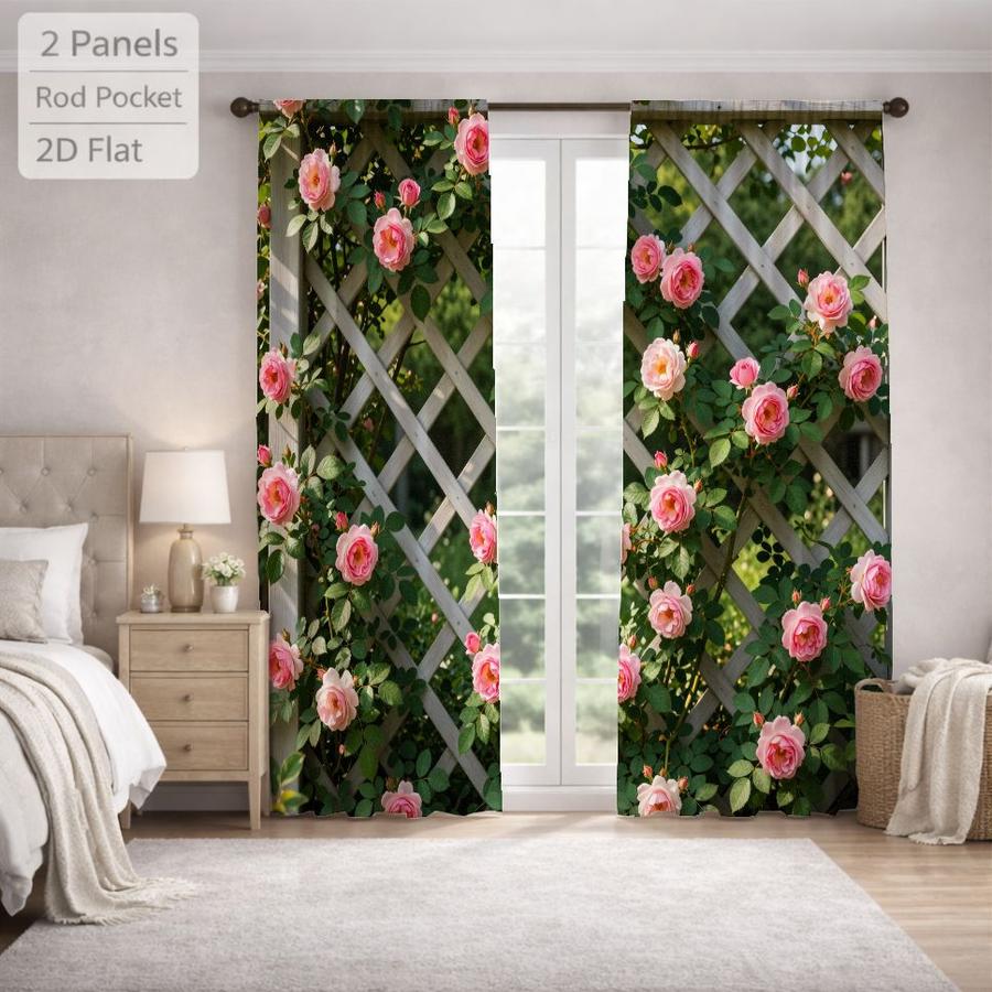 2Pcs Aesthetic Cottagecore Pink Rose Garden Trellis Sun Blocking Curtains Digital Printed Rod Pocket, Window Treatment For Bedroom Office Kitchen Living Room Study Home Decor