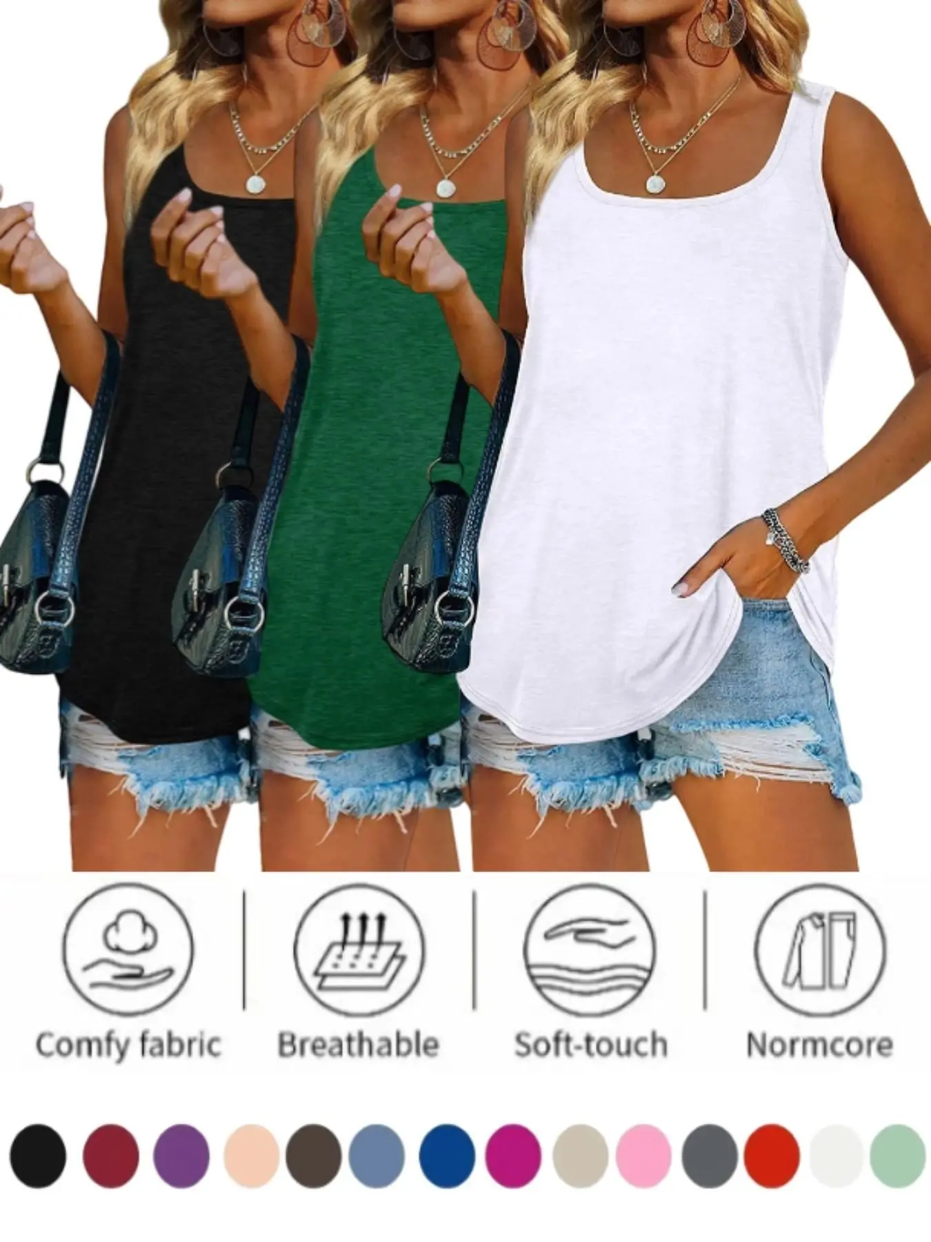 2026 Women's Blouses, Solid Color, Square Neck & V-Neck Design, Summer Sleeveless Basic Loose Baggy Tank Tops, Stylish Casual Wear