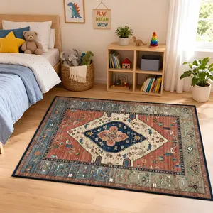 Rust Blue Persian Floral Flannel Traditional European Area Rug #PersianStyleRug #RustBlueFloorMat #OrnateVintageCarpet #FlannelHomeDecor