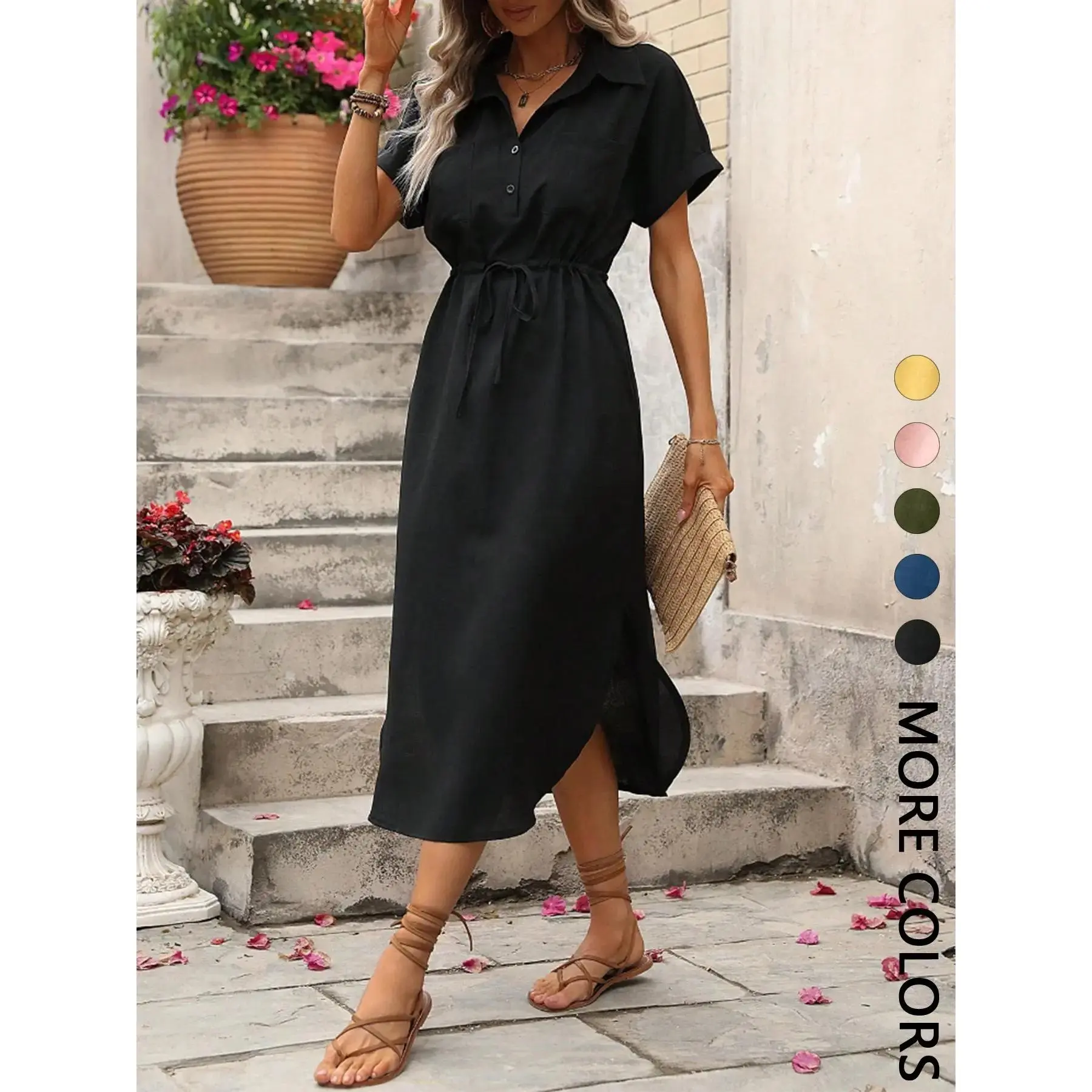 1 piece Women's Summer Short Sleeve Collared Midi Dress, Drawstring Waist, Adjustable Waist Dress, Fit, Casual Street Style Minimalist Fashion for Everyday Looks, Womenswear