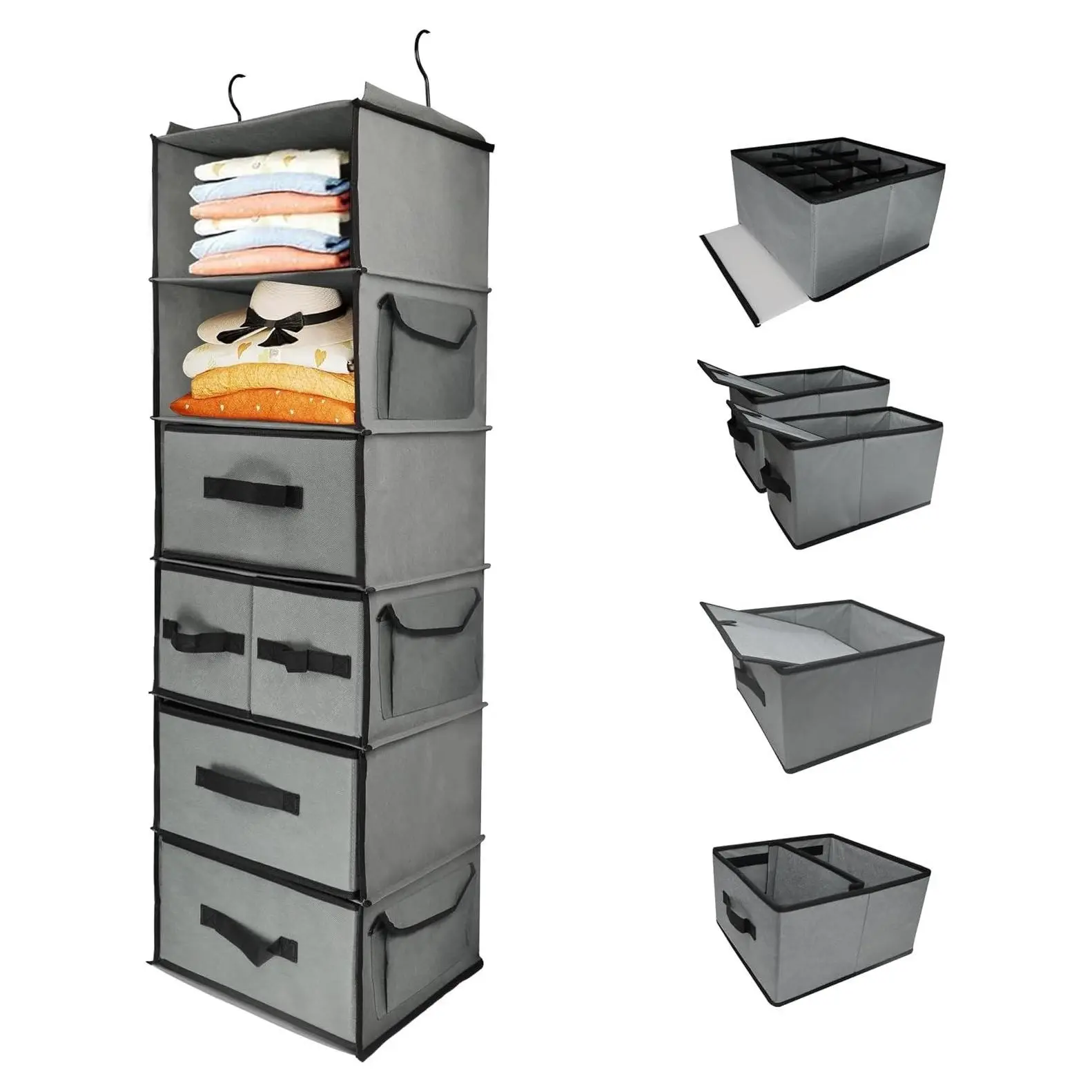 6-Tier Hanging Closet Organizer with 5 Drawers & 3 Side Pockets, Thickened Fabric Shelves, Sturdy Metal Hook, Space-Saving Storage for Bedroom, Dorm, Guestroom, RV, BathroomGift