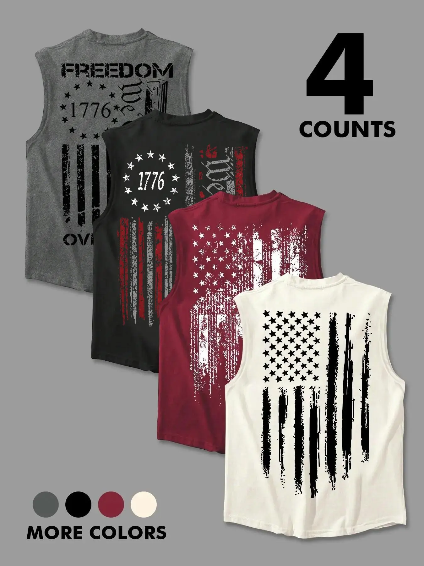 Men's 1776 Freedom American Flag Sleeveless Tank Top, Vintage Distressed Print, Casual Fitted H-Type Muscle Tee, No Ca Prop 65 Re/ca