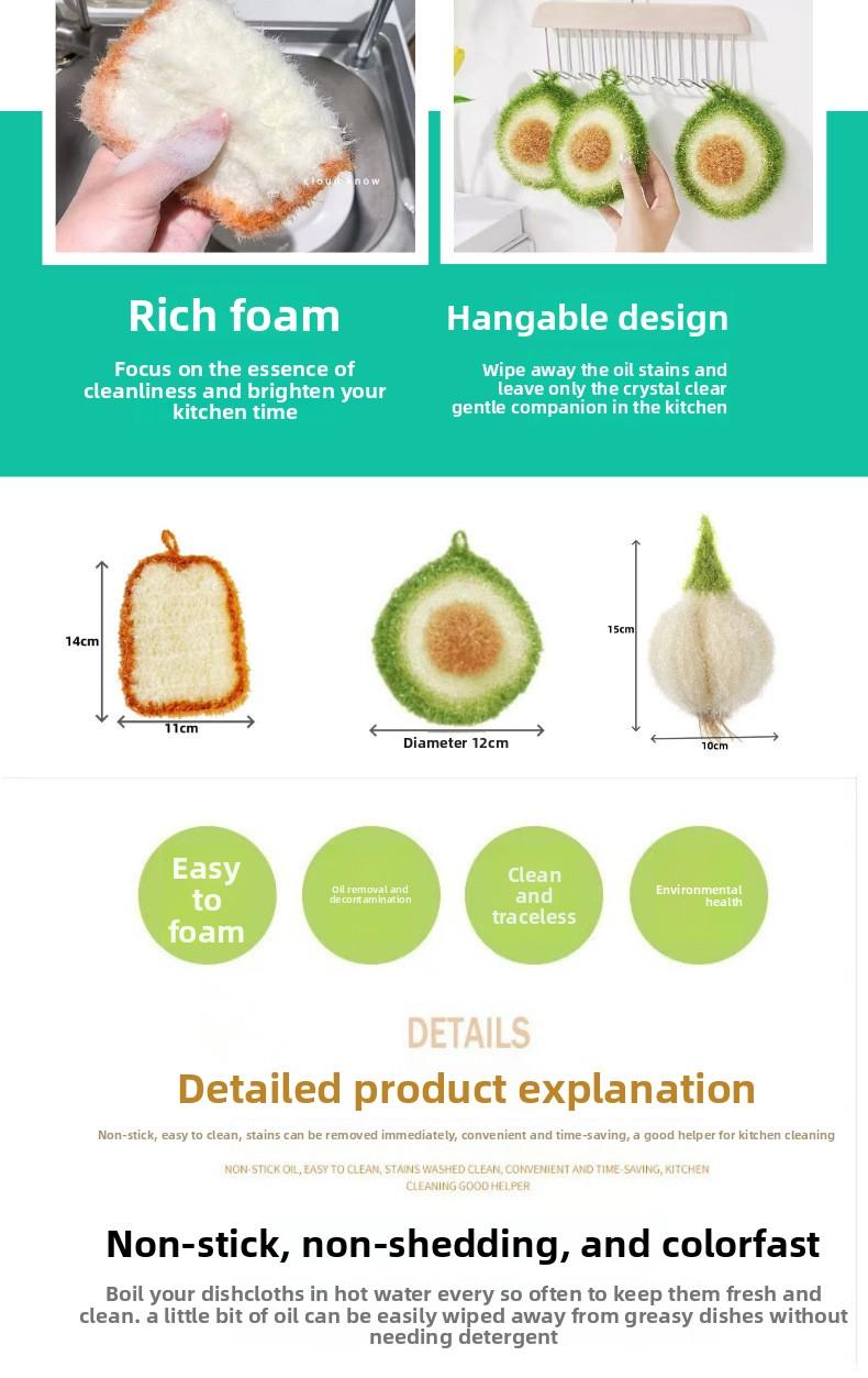 [3-Pack] Kitchen Cleaning Dishcloths Imitation Garlic Bread Dishcloths Avocado Scouring Pads Hand-Woven Cloths Sponges for Efficient Cleaning
