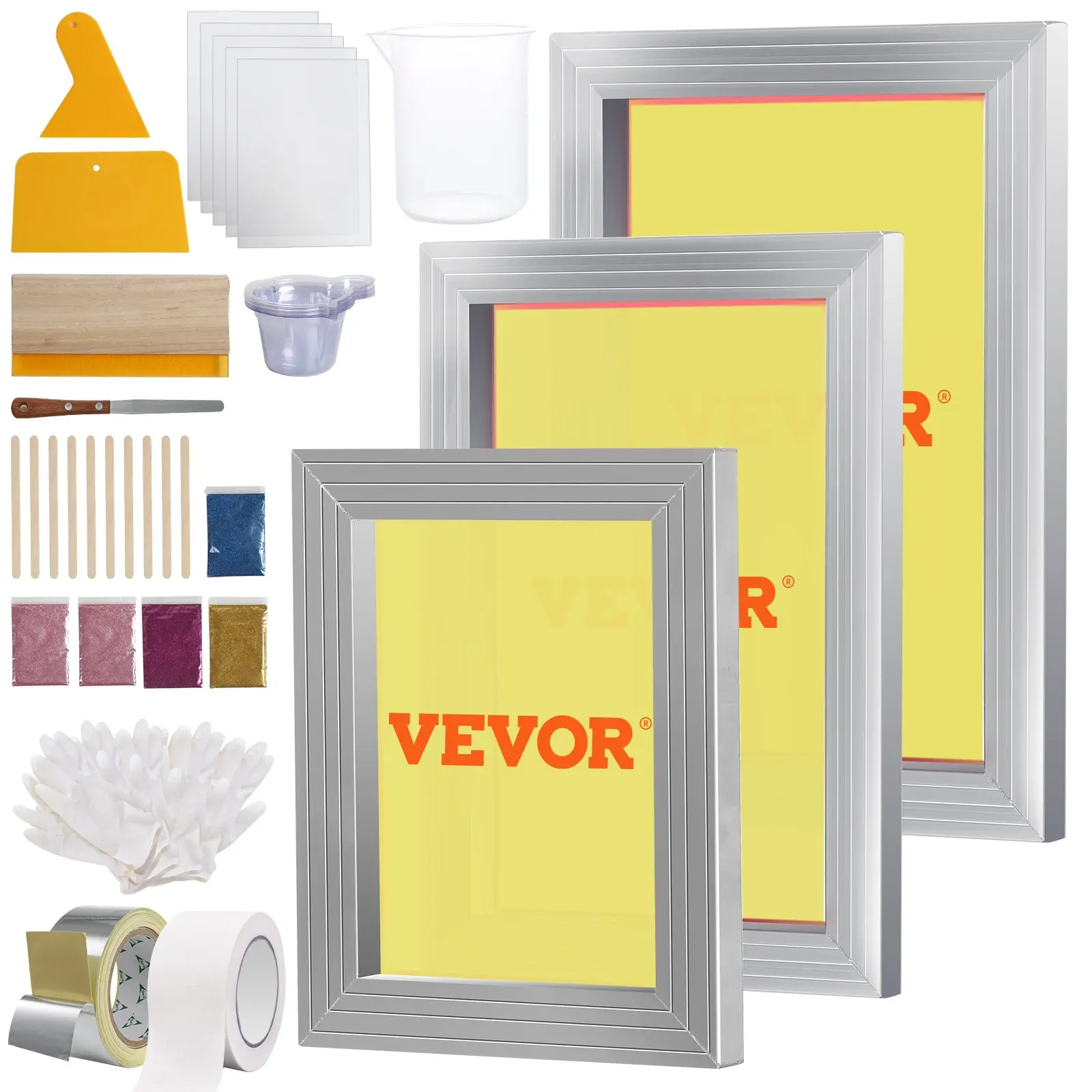 Screen Printing Kit, 3 PCS Aluminum Silk Screen Printing Frames, 5 Glitters and Screen Printing Squeegees and Transparency Films, 6x10/8x12/10x14inch 110 Count Mesh, for DIY T-shirts Printing