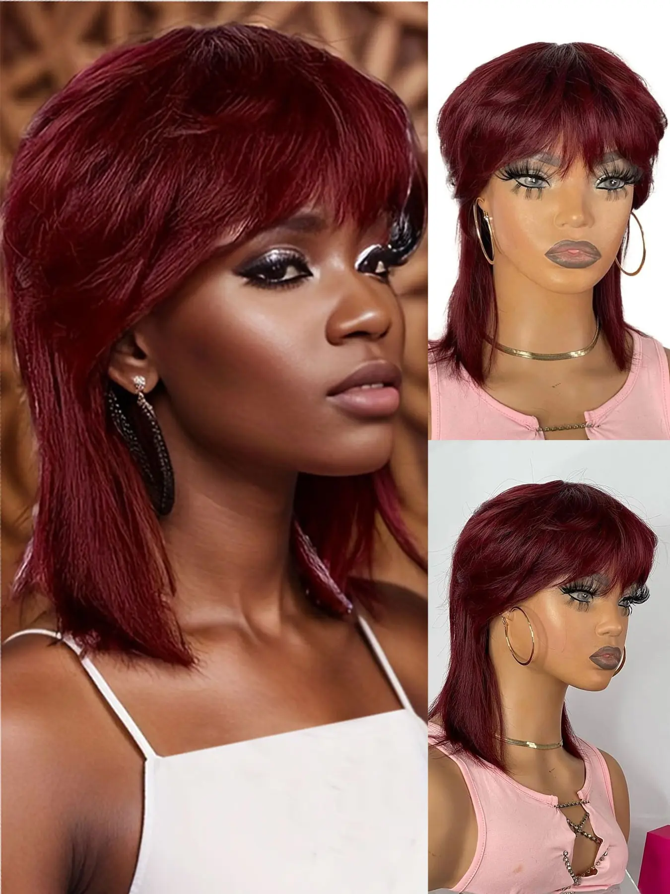 Mullet Wigs for Black Women Hair Burgundy Color 80s 90s Mullet Wig Real Hair Short Straight Bob Wigs With Bangs pixie Cut Wigs Full Machine Made Wig