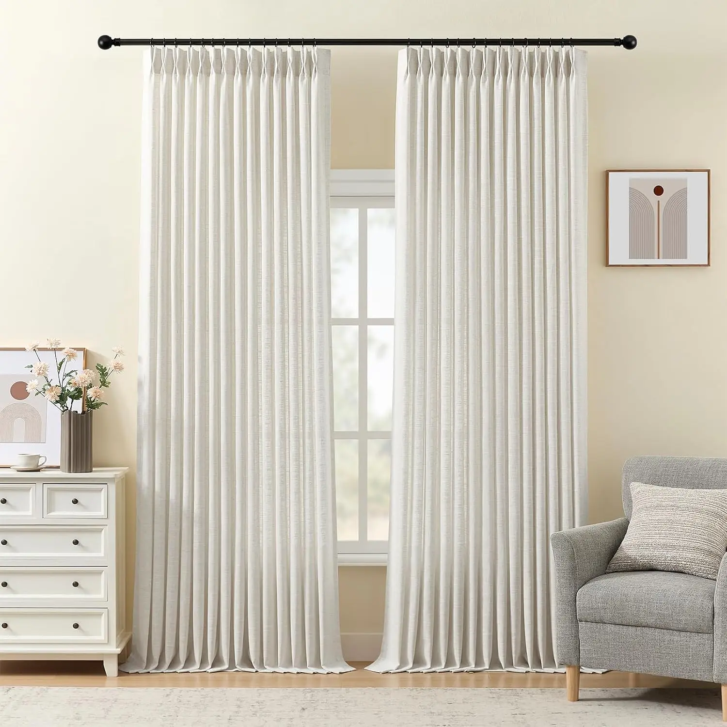 Pleated Linen Curtains 96 Inches Long for Living Room, Thick Semi Sheer Light Filtering Memory-Trained Back Tab Drapes, Natural Pleat with Rings for Bedroom Office, 2 Panels