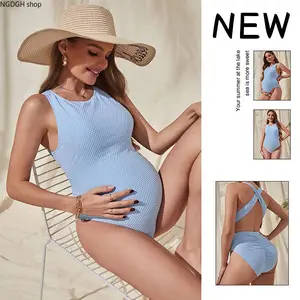 Maternity One Piece Swimsuit - Trendy Textured Criss Cross Back Monokini, Bump Friendly Bubble Fabric Bathing Suit, Flattering Summer Beachwear for Pool Vacation and Resort Holiday