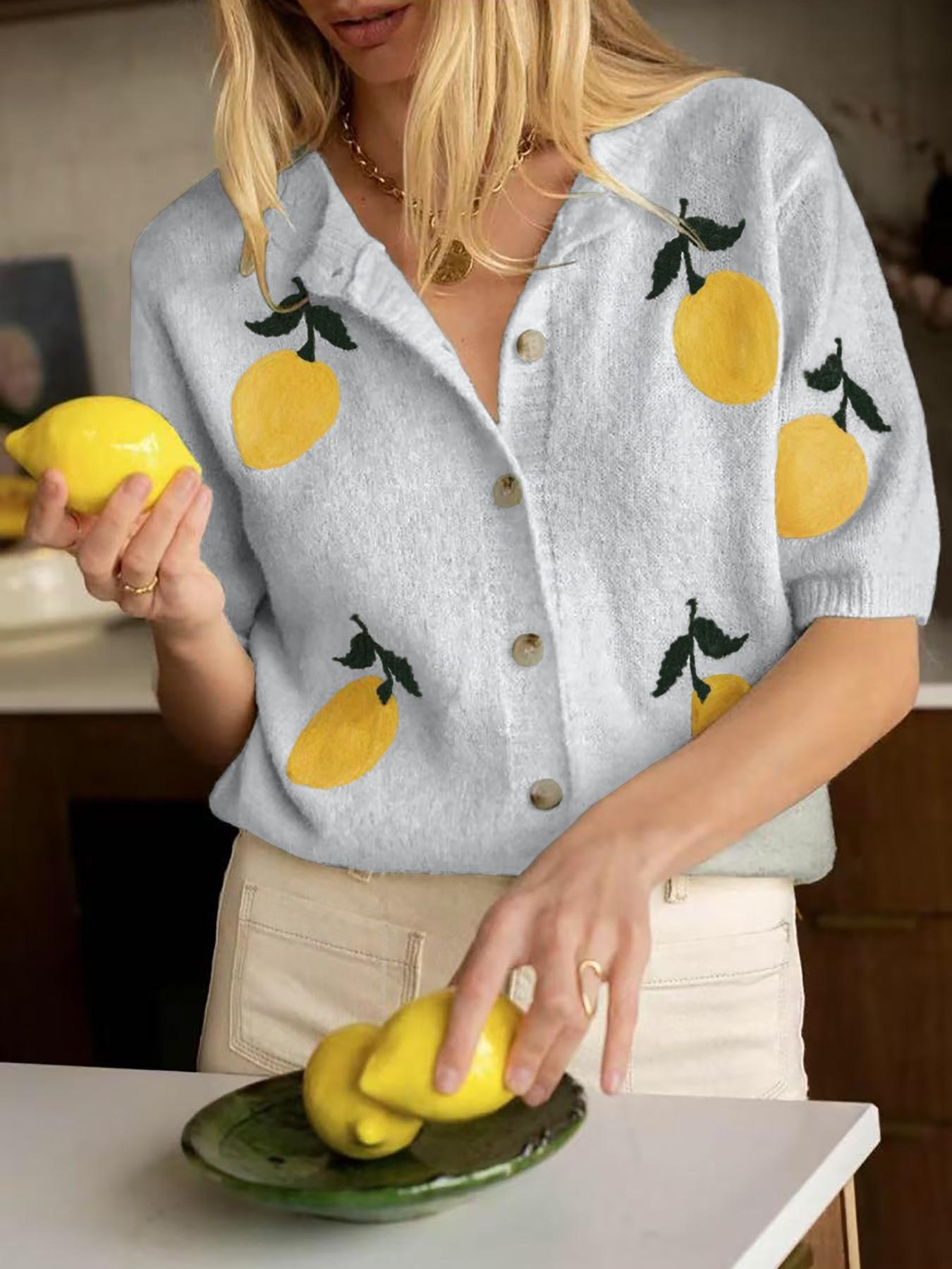 Women's Lemon Embroidery Sweater Cardigan, Casual Short Sleeve Knitwear for Daily Wear, Ladies Knitting Clothes for All Seasons, Tops