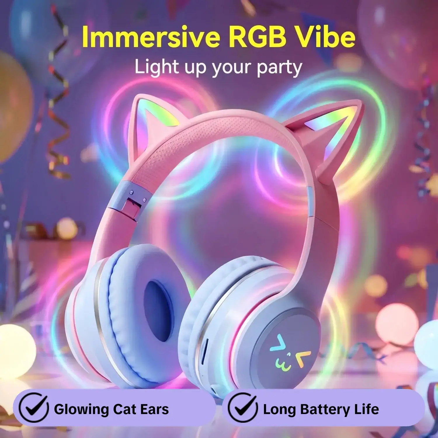 Cat Ear Bluetooth Headset with RGB Light-Up Effect, Long Battery Life, Gradient Color Wireless On-Ear Earphones, Compatible with Mobile Devices for Gaming & Communication