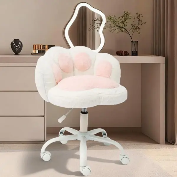 Teddy Fabric Vanity Chair with Cat Paw Back – Cute Adjustable Height Desk Chair on Wheels, Armless Swivel Computer Chair for Bedroom, Makeup Room, Home Office & Kids Room