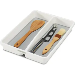 Premium Small Utensil Tray, Deep Storage for Ladles, Whisks & Serving Tools, Non Slip Lining, for Drawers & Home Organization, White