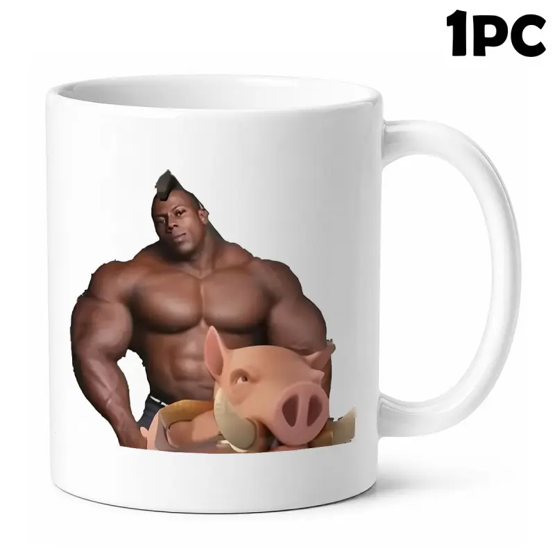 Muscle Pig Strong Funny Bodybuilder Meme Themed Ceramic Coffee Mug With Handle 1Pc Abs Humor Animal Parody Design Gym Office Home Decor Gifts For Men Dad Husband Boyfriend Brother Gym Lover Coworker Bonus Dad Mug
