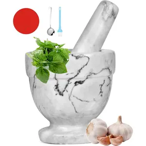 Mortar and Pestle Marble Set for Spices Pestos Seasonings Pastes Guacamole Bowl Herb Grinder Easy to Clean Included:Silicone Mat,Brush,Stainless Steel Spoon 4.33inch(Small,White Gray)