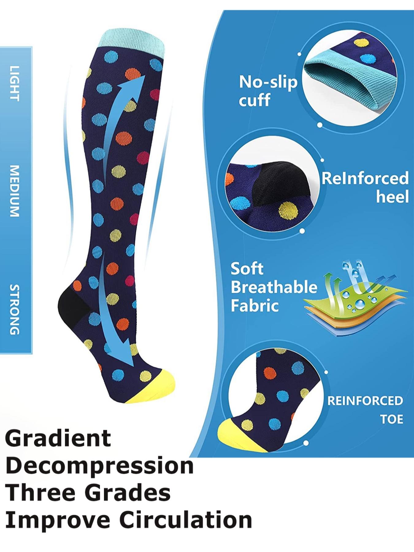 5 Pairs Of Men's and Women's Compression Socks Fit Wide Calf Men's and Women's Booster Socks for Circulation, Running, Nurses, Pregnant Women Support for Blood Circulation Various Colour Patterns Available, Casual Stylish Socks