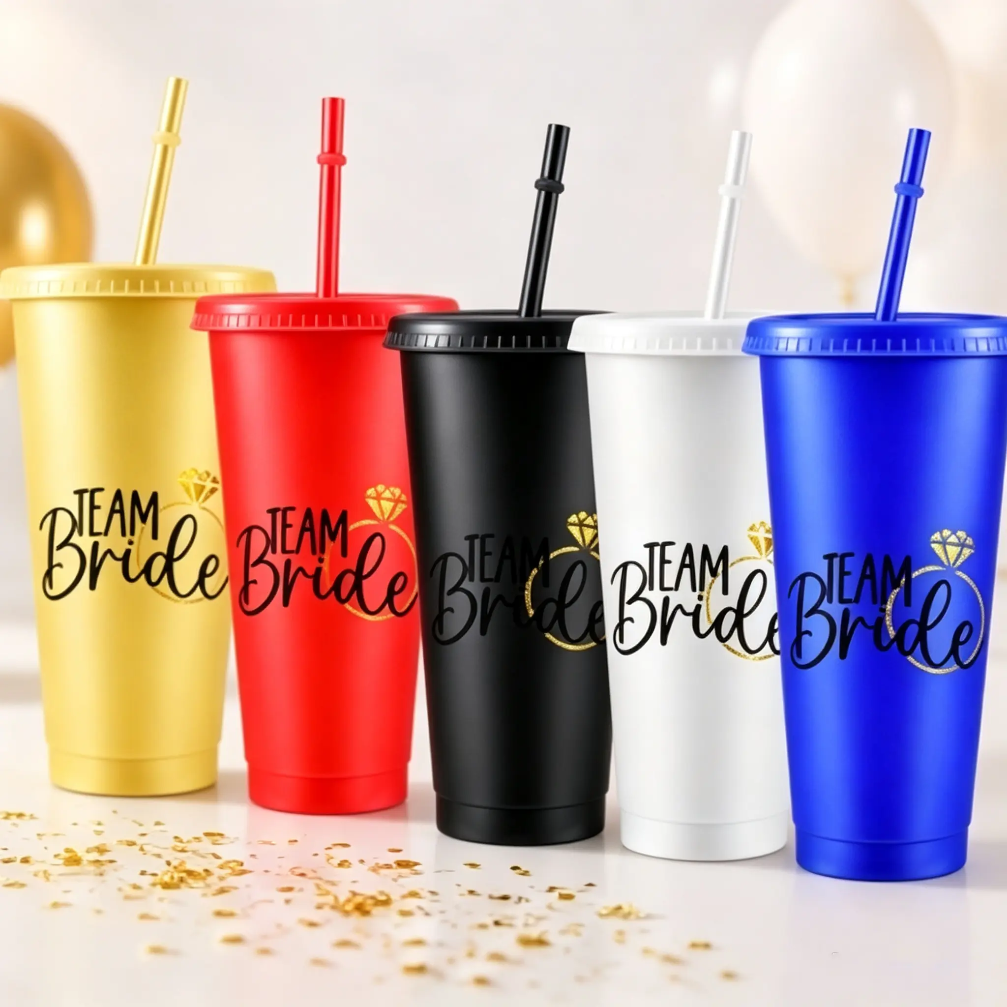 10pcs/24oz/710ml/Plastic Tumblers With Lid And Straw,Iced Coffee Cup,Festival Party Supplies,Team Bride Script Lettering, Shimmering Gold Ring Design With Faceted Gemstone Shape,Celebration Theme Artwork