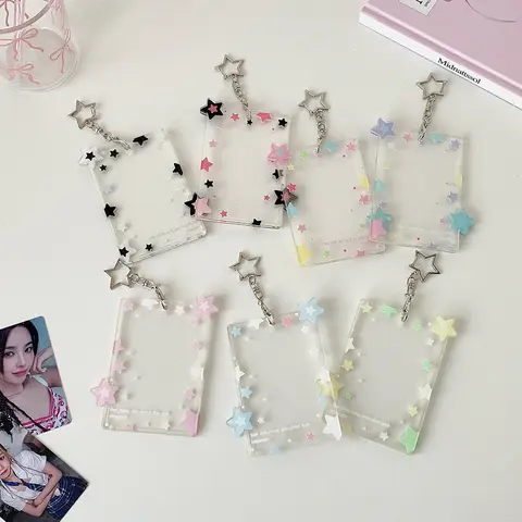 Unisex Pastel Star Motif Acrylic Photocard Holder Keychain - Pink+Blue Cute Kpop Idol Photo Card Protector, Accessories, Star-Like Keychains