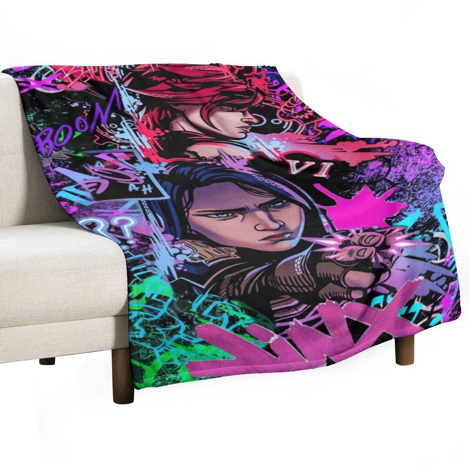 "Arcane" Jinx & Vi Graffiti Flannel Blanket — A Soft, Casual Throw. An Edgy, Neon-Punk Style Fleece Blanket Featuring Game Characters—A Unique Gift for Fans with an Aesthetic Sensibility. A Comfortable, Warm Throw Blanket for Sofas and Beds.