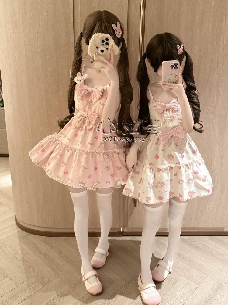 Kawaii Japanese Sweet Bow Sling Dress Women's Summer Lovely Strawberry Print Dresses Design Fashion Loose Pretty Princess Dress