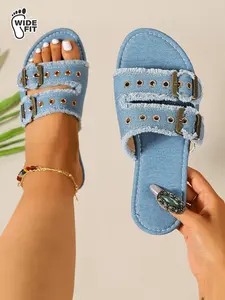 Women's Wide Fit Denim Double Buckle Slides – Frayed Edge Stylish Casual Flat Sandals, Comfortable Summer Slip On Beach Slippers, Footwear for Beach