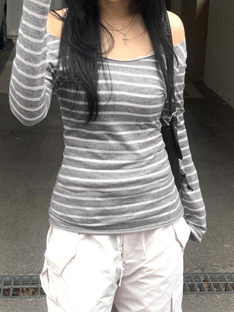 Women's Striped Print Off Shoulder Tee, Casual Chic Long Sleeve T-shirt for Daily Wear, Ladies Clothes for All Seasons