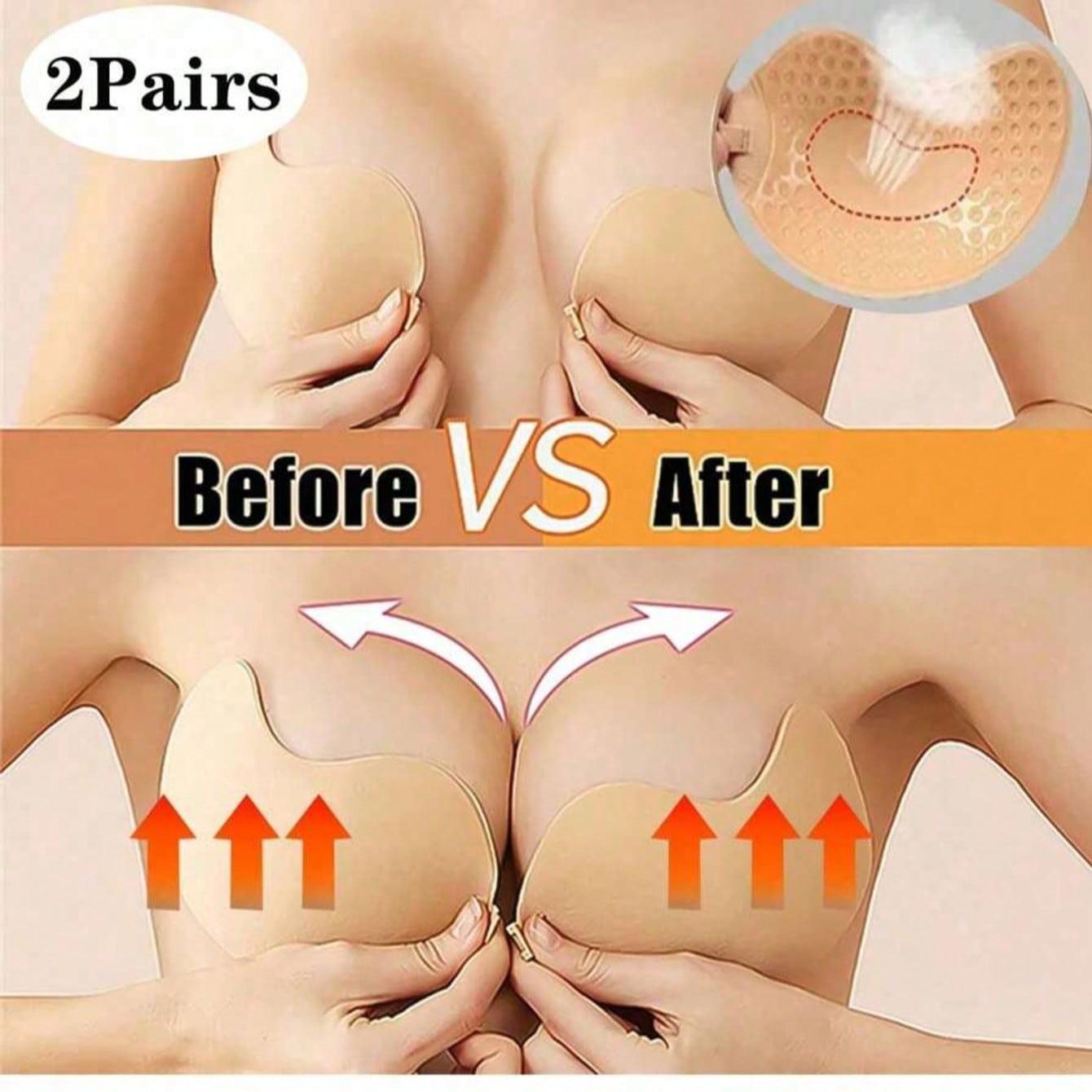 Multiple Sizes 2 Pieces Invisible Push-Up Bra No Back Strapless Bra Seamless Front Buckle Bra Lingerie Women's Self Adhesive Silicone (Black + Apricot Yellow)