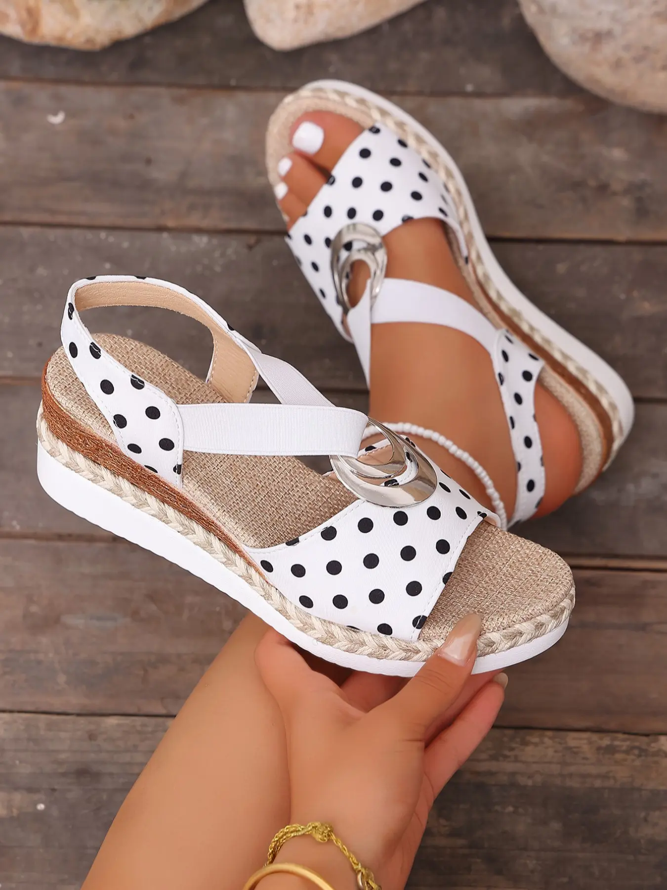 Summer Ladies Polka Dot Wedge Platform Sandals, Open Toe, Silver Color Metal Ring, Elastic Back Strap, Casual Beach Shoes, Strappy Platform Sandals