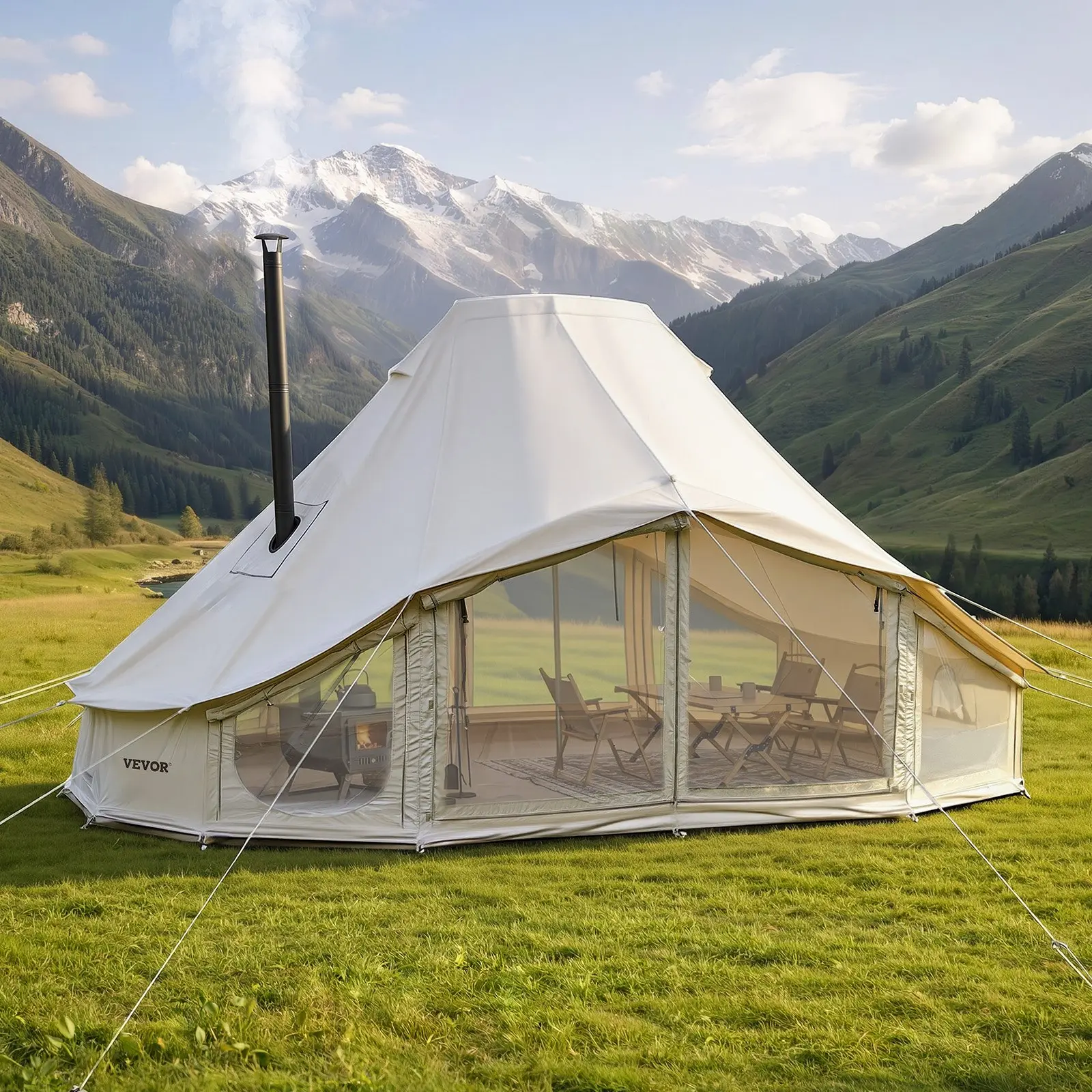 VEVOR Canvas Bell Tent, 4 Seasons 19.7x 13.12x 10.17 ft Yurt Tent for Camping with Stove Jack, Poly-Cotton Canvas Breathable Holds up to 12 People, for Family Camping Glamping Outdoor Hunting Party