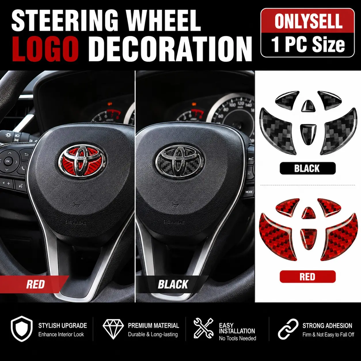 1Pc Carbon Fiber Style Steering Wheel Emblem Insert Sticker, Car Accessories Interior, Interior Decal Sticker, 3D Interior Logo Decoration Trim for Toyota Corolla, RAV4, Camry, Prius, C-HR, Yaris, Hilux, Land Cruiser, 86, Auris, Avensis T25