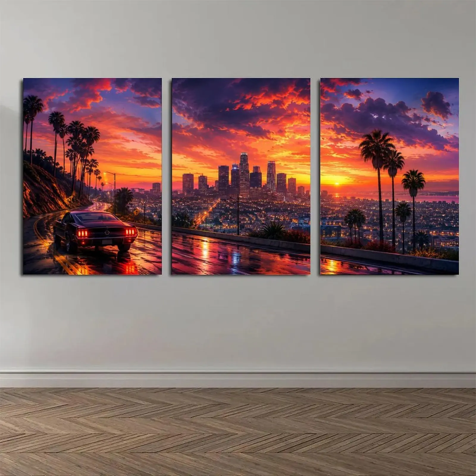 Los Angeles Sunset Triptych Canvas Wall Art, Retro Car & Palm Tree Print, Vibrant Urban Decor for Living Room Bedroom Office, Available as Unframed Canvas Poster or Framed Canvas Wrap