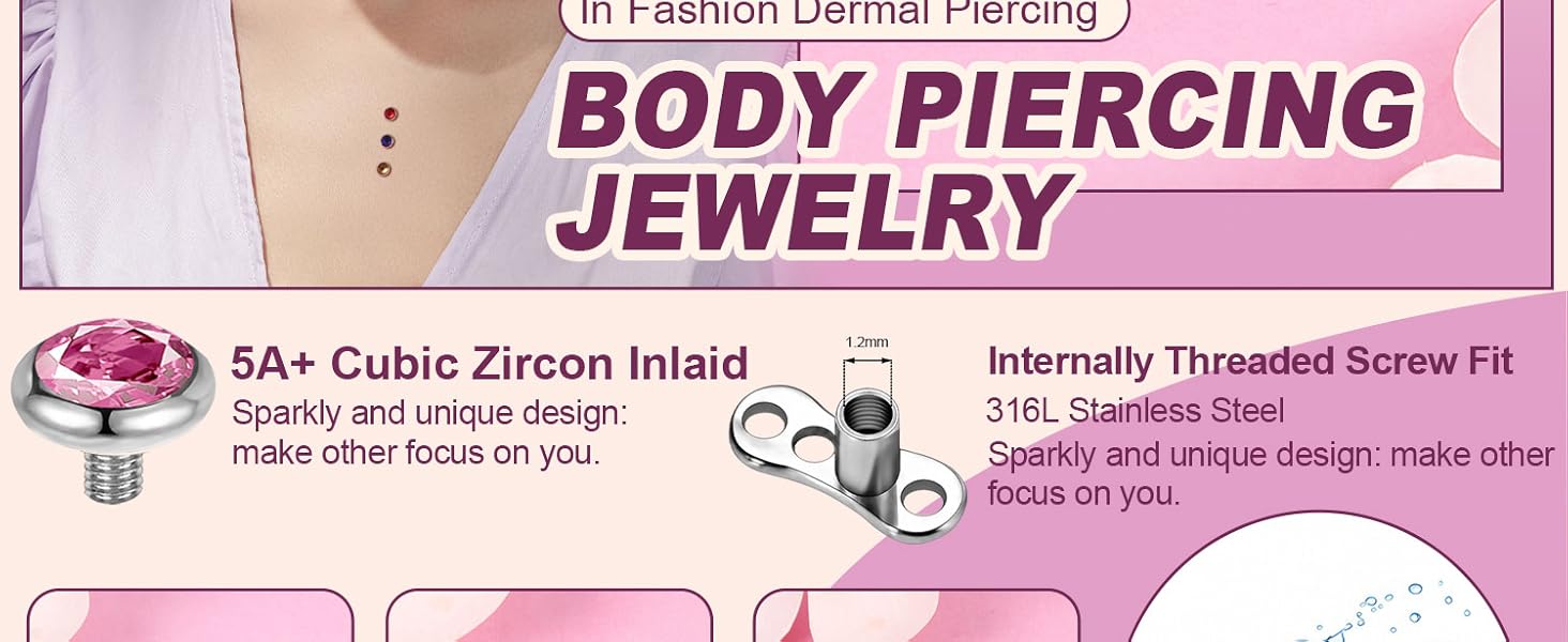 Surgical Steel Dermal Piercing Jewelry Tops for Women Men Cubic Zirconia Micro Dermal Anchor Tops Base Dermal Piercing 3-20Pcs Dermal Piercing Kit Hypoallergenic