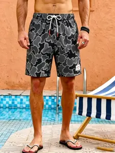 Quick-Dry Camo Print Men's Swim Trunks, Drawstring Waist Beach Shorts, Summer Waterproof Board Shorts for Surfing, Swimming, Vacation & Daily Wear, Casual Breathable Camouflage Swimwear