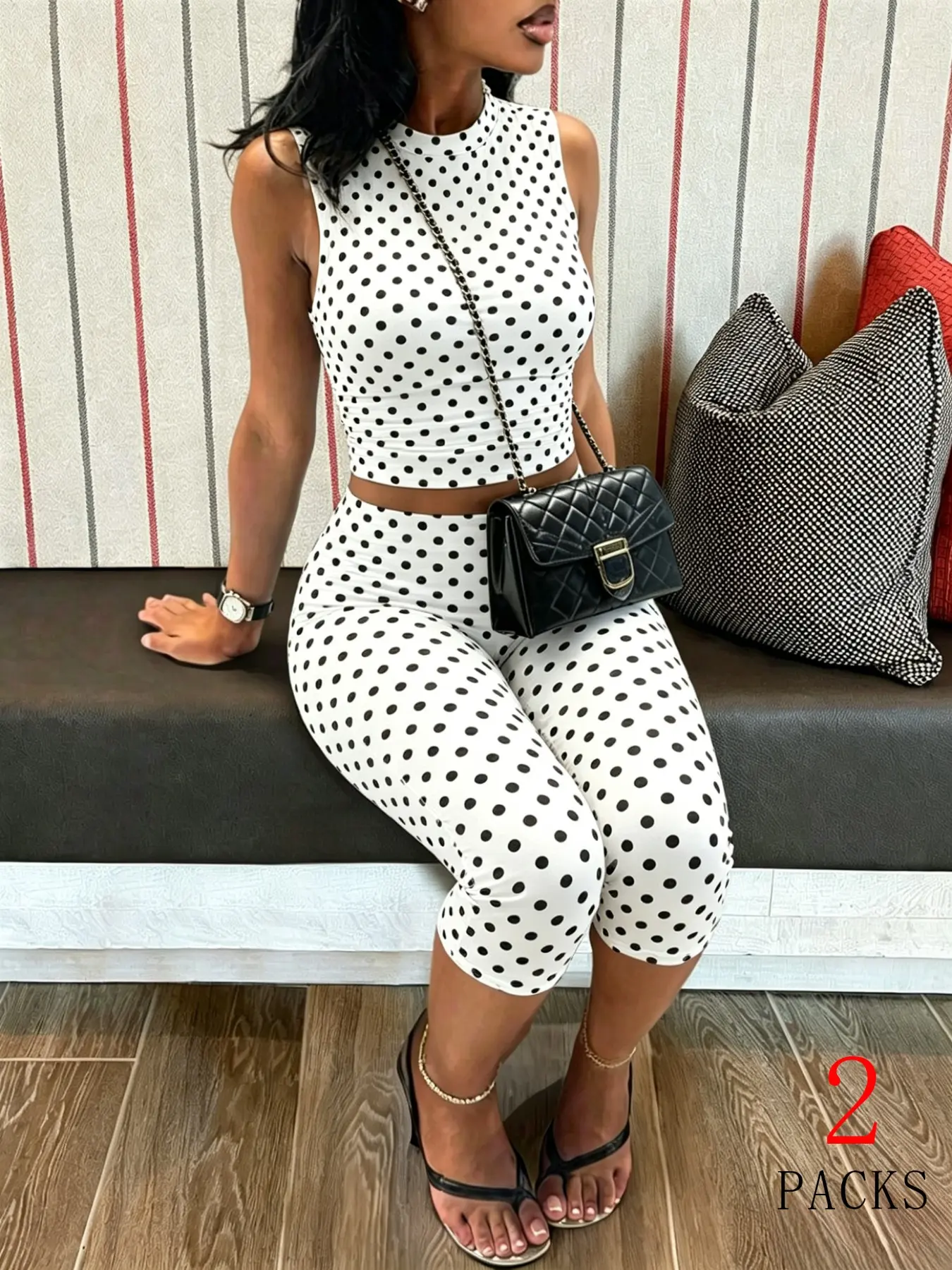 Women 2Pcs Polka Dot Outfit Sleeveless Mock Neck Crop Tank Top Capri Leggings Co‑ord Sets Casual Daily Street Travel Outfits bts outfits