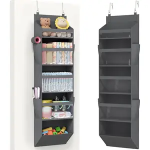 1 Pack Over the Door Organizer, 5 Section Clear Window Hanging Storage with 4 Side Pockets, Sturdy Anti Tilt 40 lbs Load Behind Door for Closet, Bedroom, Bathroom, Nursery, Dorm, Dark Gray
