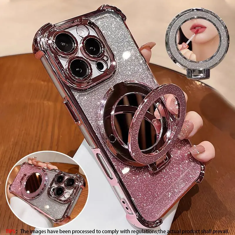 Sparkle Ring Mirror Stand Holder Electroplated Corner Anti-Drop Shockproof Protective Phone Case Cover, Shockproof Phone Accessory, for iPhone 17 Air 16 Pro Max 14 Plus 13 12