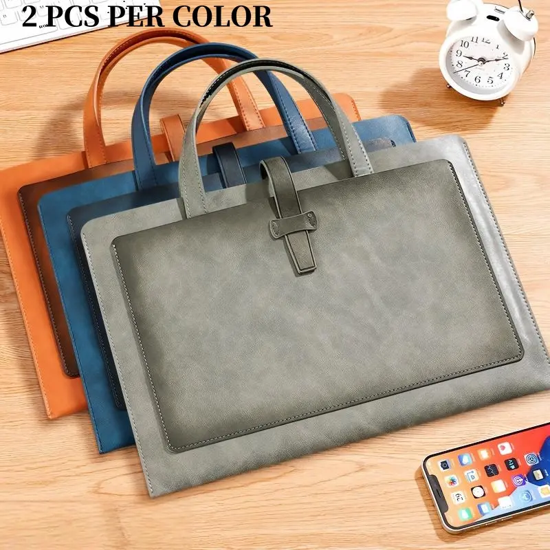 2Pcs A4 Leather Document Storage Pouch Large Capacity Double Layers Business Briefcase Portable File Organizer for Office Laptop Paper Storage