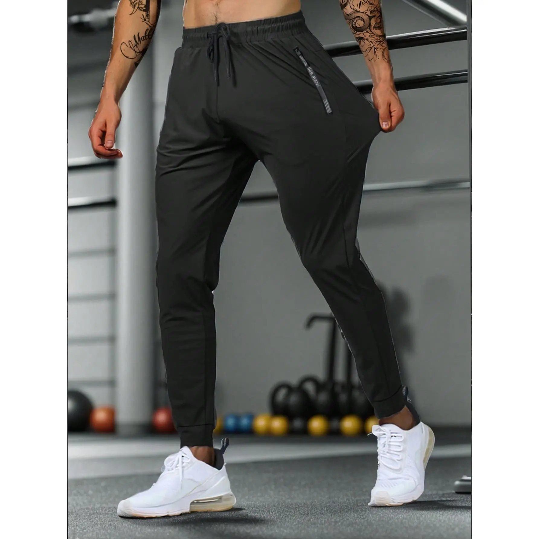 Men's Stretchy Casual Pants With Zipper Pockets & Adjustable Waist, Ideal For Summer Workout And Training, Machine Washable, Reflective Black Spring Sports