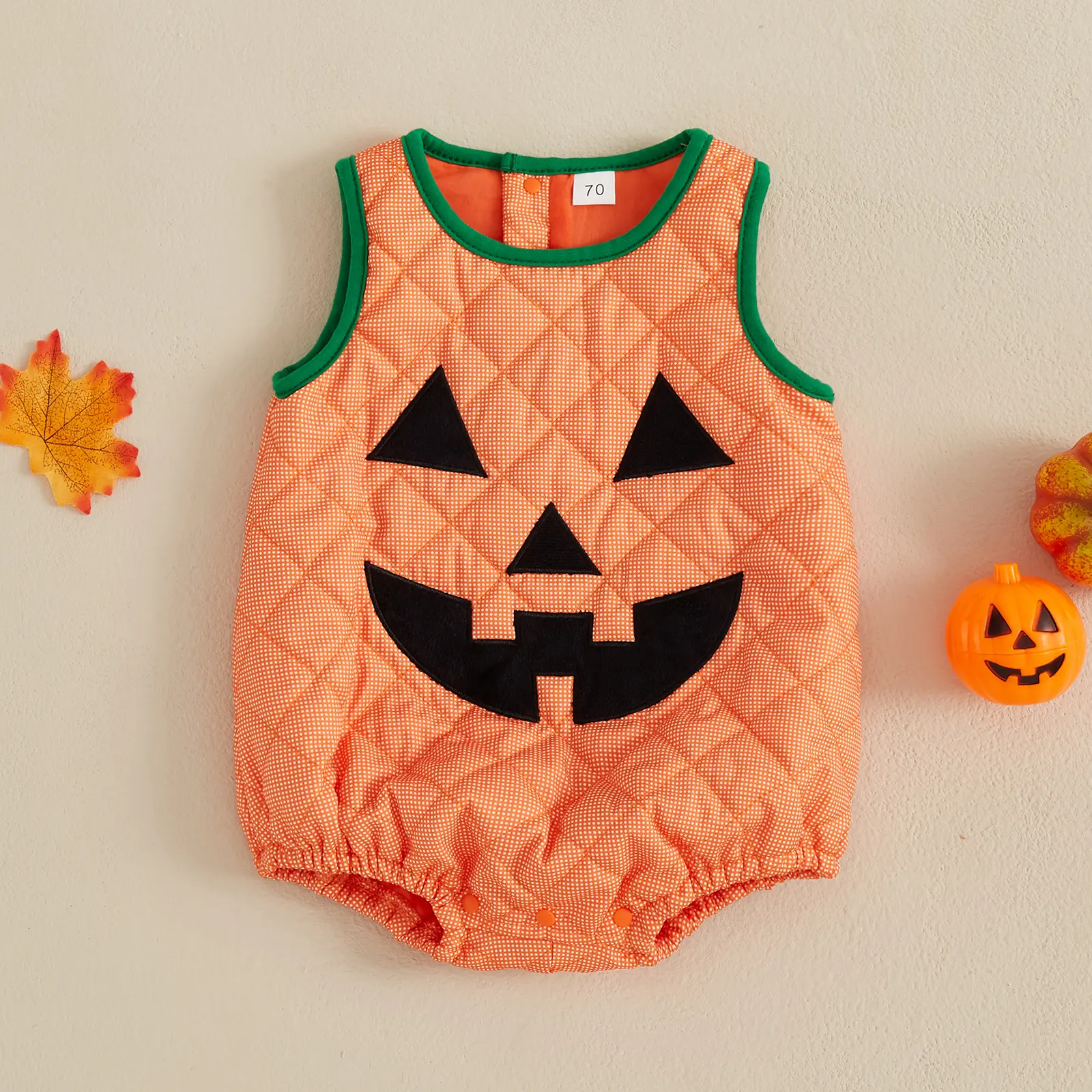 FOCUSNORM Infant Baby Boy Girl Halloween Outfit Cute Pumpkin Costume Sleeveless Pumpkin Face Bodysuit Dress Up Halloween Costume